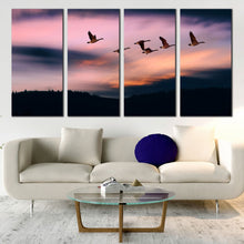 Load image into Gallery viewer, Grey Sky Birds Over Lake Sunset View Tree Mountains 4 Piece Wall Art For Living room
