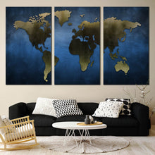 Load image into Gallery viewer, Grey World Map Canvas Art Print triptych canvas artwork In Living Room
