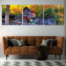 Load image into Gallery viewer, Grist  Mill  Canvas  Wall  Art  Blue  West  Virginia  Mountains  Rocks  Living  Room  3  Piece  Canvas  Clifftop  Green  Babcock  State  Park  Canvas  Yellow  Autumn  Trees For Living Room
