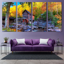 Load image into Gallery viewer, Grist Mill Canvas Wall Art Blue West Virginia Mountains Rocks  4 Piece Canvas Clifftop Green Babcock State Park Canvas Yellow Autumn Trees In Living Room
