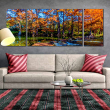 Load image into Gallery viewer, Guadalupe River Fall Print Orange Trees River Triptych Water Streaming Canvas Art In Living Room
