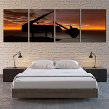 Load image into Gallery viewer, Guitar Music Canvas Wall Art Black Grand Piano Guitar 4 Piece Canvas Print Orange Sky Musical Instrument Bedroom Multiple Canvas In Bedroom
