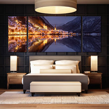 Load image into Gallery viewer, Hallstatt  Lake  city  Lights  Reflection  at  Night  Triptych  Canvas  Wall  Art In Bedroom
