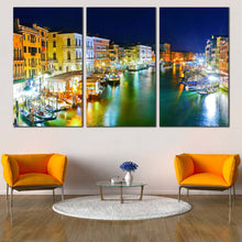 Load image into Gallery viewer, Harbors Canal Canvas Wall Art Orange Yellow Venice at Night Canvas Print Grand Canal Italy Blue Sky  3 Piece Canvas Set In Living Room
