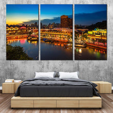Load image into Gallery viewer, Harbors Canals Canvas Print Singapore Cloudy Blue Sky Seascape  3 Piece Canvas Wall Art Yellow Cityscape Reflection Triptych Multi Canvas For Bedroom

