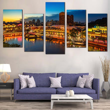 Load image into Gallery viewer, Harbors Canals Canvas Print Singapore Cloudy Blue Sky Seascape  5 Piece Canvas Wall Art Yellow Cityscape Reflection Multi Panel Canvas 
