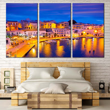 Load image into Gallery viewer, Harbors Canals Canvas Wall Art Blue Sky Cityscape Canvas Print Balearic Islands Spain Bedoom 3 Piece Canvas Yellow Cales Fonts Calas Harbor Lights Canvas In Bedroom
