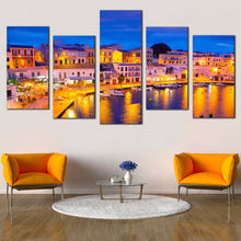 Load image into Gallery viewer, Harbors Canals Canvas Wall Art Blue Sky Cityscape Canvas Print Balearic Islands Spain  5 Piece Canvas Yellow Cales Fonts Calas Harbor Lights Art
