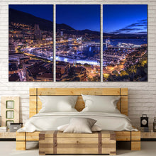 Load image into Gallery viewer, Harbors Canals Canvas Wall Art Blue Sky Monaco City Mountains Multiple Canvas Yellow City Beach Bedoom 3 Piece Canvas Print In Bedroom
