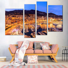 Load image into Gallery viewer, Harbors Canals Canvas Wall Art Blue Sky Mountain Cityscape  4 Piece Canvas Print Monte Carlo Beach Multi Panel Canvas 
