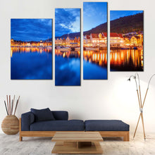 Load image into Gallery viewer, Harbors Canals Canvas Wall Art Orange Houses City Reflection Multi Canvas Bergen Street Norway Canvas Set Blue Cloudy Sky Lake 
