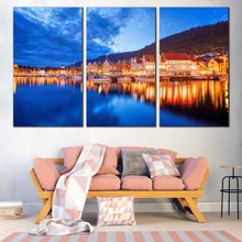 Load image into Gallery viewer, Harbors Canals Canvas Wall Art Orange Houses City Reflection Multi Canvas Bergen Street Norway Canvas Set Blue Cloudy Sky Lake For Living Room
