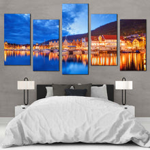 Load image into Gallery viewer, Harbors Canals Canvas Wall Art Orange Houses City Reflection Multi Canvas Bergen Street Norway Canvas Set Blue Cloudy Sky Lake For Your Bedroom
