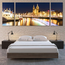 Load image into Gallery viewer, Harbors  Canals  Canvas  Wall  Art  Yellow  City  Lights  Reflection  Canals  Multi  Canvas  Blue  Sky  Amsterdam  Centraal  Damrak  Bedoom  3  Piece  Canvas  Print For Bedroom
