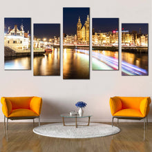 Load image into Gallery viewer, Harbors Canals Canvas Wall Art Yellow City Lights Reflection Canals Multi Canvas Blue Sky Amsterdam Centraal Damrak  5 Piece Canvas Print
