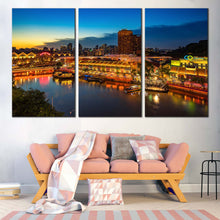 Load image into Gallery viewer, Harbors City Canvas Wall Art Blue Cloudy Sky Night View Canvas Print Yellow Singapore Cityscape 3 Piece Multi Canvas For Living Room
