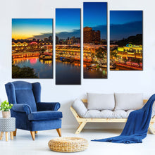 Load image into Gallery viewer, Harbors City Canvas Wall Art Blue Cloudy Sky Night View Canvas Print Yellow Singapore Cityscape 4 Piece Multi Canvas
