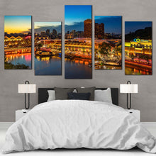 Load image into Gallery viewer, Harbors City Canvas Wall Art Blue Cloudy Sky Night View Canvas Print Yellow Singapore Cityscape 5 Piece Multi Canvas 
