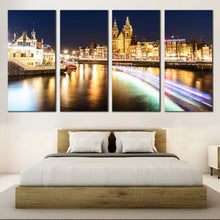 Load image into Gallery viewer, Harbors City Canvas Wall Art Blue Sky Amsterdam Centraal Damrak Canvas Set Yellow City Lights Reflection Canal Bedoom 4 Piece Canvas Print For Your Bedroom
