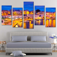 Load image into Gallery viewer, Harbors City Canvas Wall Art Blue Sky Cityscape Canvas Print Cales Fonts Calas Harbor Lights Canvas Set Yellow Balearic Islands Spain 5 Piece Canvas
