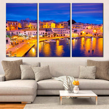 Load image into Gallery viewer, Harbors City Canvas Wall Art Blue Sky Cityscape Canvas Print Yellow Balearic Islands Spain 3 Piece Multi Panel Canvas For Your Living Room
