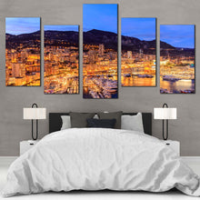 Load image into Gallery viewer, Harbour City Canvas Wall Art Monte Carlo Beach Cityscape  5 Piece Canvas Blue Sky Mountain Harbors Multiple Canvas 
