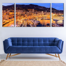 Load image into Gallery viewer, Harbour  City  Canvas  Wall  Art  Monte  Carlo  Beach  Cityscape 3  Piece  Canvas  Blue  Sky  Mountain  Harbors  Multiple  Canvas  Yellow  French  Riviera  Refl In Living Room
