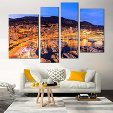 Load image into Gallery viewer, Harbour City Canvas Wall Art Monte Carlo Beach Cityscape  4 Piece Canvas Blue Sky Mountain Harbors Multiple Canvas 
