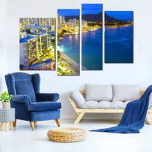 Load image into Gallery viewer, Hawaii City Lights Mountain Beach at Night Multi Panel 4 piece Canvas Home Decor For Living Room
