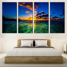 Load image into Gallery viewer, Hawaiian Sunset Canvas Wall Art Blue Yellow Ocean Sky Canvas Print North Shore of Oahu  4 Piece Canvas In Your Bedroom
