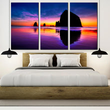 Load image into Gallery viewer, Haystack mountain cannon beach reflection sunset 3 piece canvas print In Bedroom
