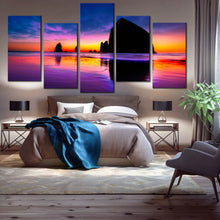 Load image into Gallery viewer, Haystack rock cannon ocean reflection sunset 5 piece wall art photography In Your Bedroom
