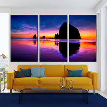 Load image into Gallery viewer, Haystack rock pink blue orange clouds at the coast Snaefellsnes peninsula triptych wall art home decor In Living Room
