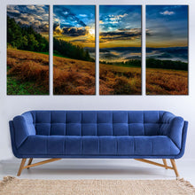 Load image into Gallery viewer, Hills Landscape Canvas Wall Art Green Trees Mountain Scenery Multi Canvas Dramatic Yellow Sunrise Landscape Valley  4 Piece Canvas In Living room
