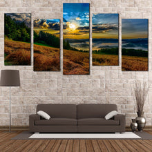 Load image into Gallery viewer, Hills Landscape Canvas Wall Art Green Trees Mountain Scenery Multi Canvas Dramatic Yellow Sunrise Landscape Valley  5 Piece Canvas For Living Room
