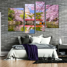Load image into Gallery viewer, Himeji Castle Canvas Wall Art Cherry Blossom Trees Canvas Art Japan Colorful Scenery 4 Piece Canvas Print
