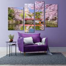 Load image into Gallery viewer, Himeji Scenery Canvas Wall Art Japan Cherry Blossom Trees 4 Piece Canvas Print Himeji Castle Multiple Canvas
