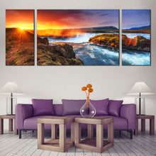 Load image into Gallery viewer, Hodafoss  Waterfall  Canvas  Print  Yellow  Sunshine  Starry  Sky    3  Piece  Canvas  Wall  Art  White  North  Iceland  Waterfall  Canvas  Artwork For Living Room
