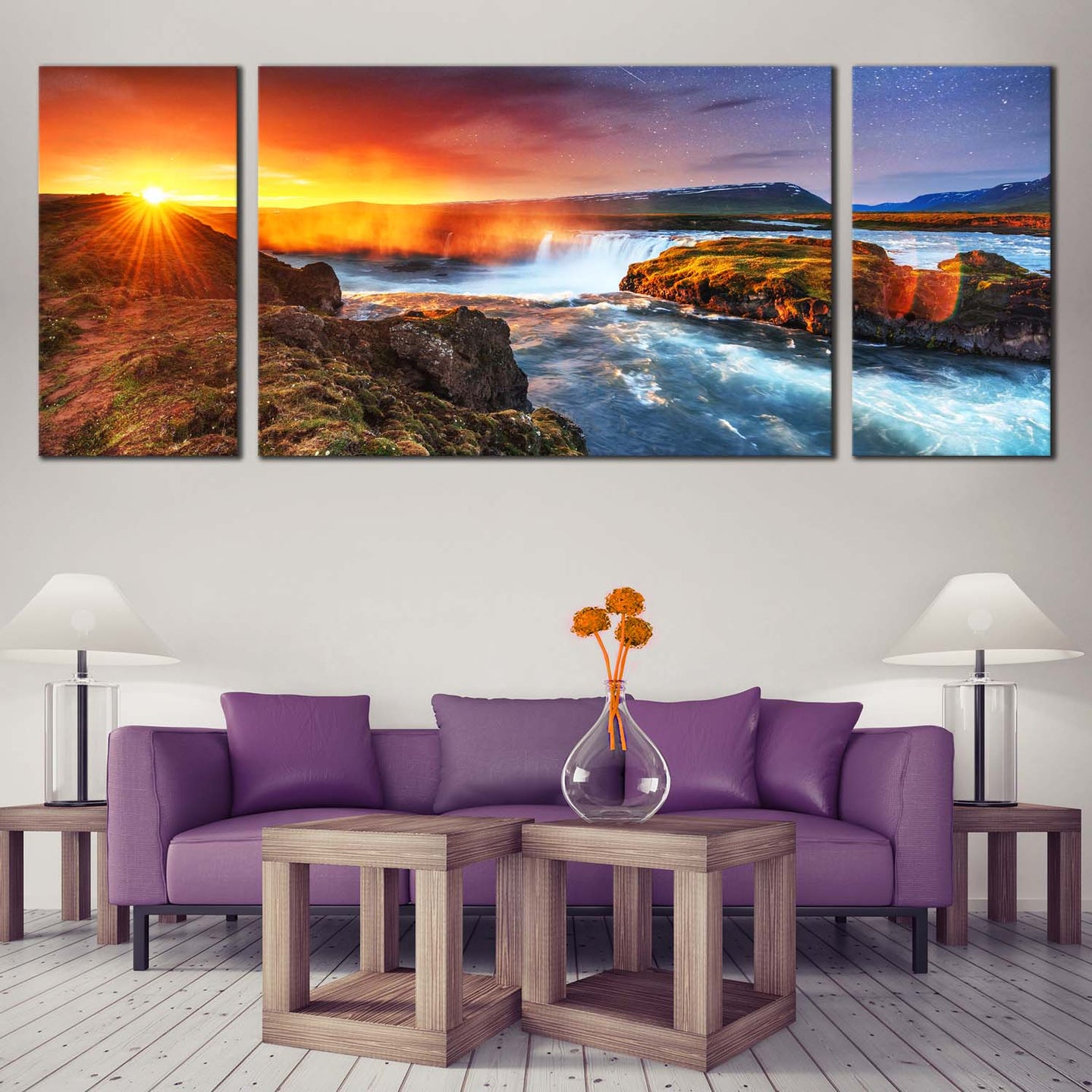 Hodafoss  Waterfall  Canvas  Print  Yellow  Sunshine  Starry  Sky    3  Piece  Canvas  Wall  Art  White  North  Iceland  Waterfall  Canvas  Artwork For Living Room