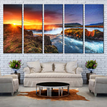 Load image into Gallery viewer, Hodafoss Waterfall  Canvas Print Yellow Sunshine Starry Sky 5 Piece Canvas Wall Art White North Iceland Waterfall Canvas Artwork For Living room
