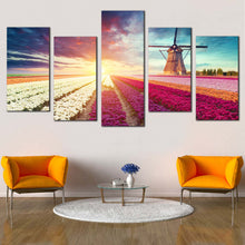 Load image into Gallery viewer, Holland Landscape Canvas Print Green Netherlands Windmill Scenery Canvas Set Red Green Tulips Field  5 Piece Canvas Wall Art
