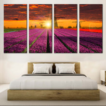 Load image into Gallery viewer, Holland Landscape Canvas Wall Art Dramatic Orange Sunset Sky Windmill  4 Piece Canvas Print For Bedroom
