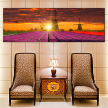 Load image into Gallery viewer, Holland  Landscape  Canvas  Wall  Art  Dramatic  Orange  Sunset  Sky  Windmill 1  Piece  Canvas  Artwork  Red  Purple  Tulips  Field  Scenery  Canvas  Print For Living Room
