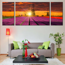Load image into Gallery viewer, Holland Landscape Canvas Wall Art Dramatic Orange Sunset Sky Windmill  3 Piece Canvas Red Purple Tulips Field Scenery Canvas Print In Living Room
