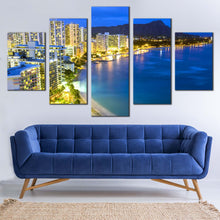 Load image into Gallery viewer, Honolulu  Waikiki  Beach  Hawaii  City  Lights  Mountain  Beach  5  piece  canvas  home  decor In Living Room
