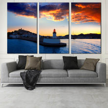 Load image into Gallery viewer, Ibiza Port Lighthouse at Sunset Triptych canvas home decor For Living Room
