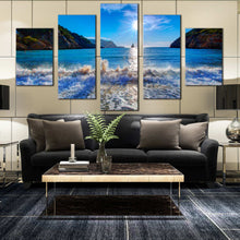 Load image into Gallery viewer, Ibiza  beach  sunset  mountains  blue  skies  5  piece  canvas  wall  art In Living Room
