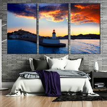 Load image into Gallery viewer, Ibiza port lighhouse ocean artwork triptych wall art for  decoration tropical photography In Bedroom
