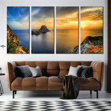 Load image into Gallery viewer, Ibiza sunset Es Vedra mountains skies view 4 piece canvas print In Living Room
