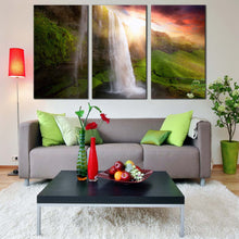 Load image into Gallery viewer, Iceland Scenery Canvas WallArt Waterfall Yellow Sunset Landscape Canvas Print White Selja lands foss Waterfalls 3 Piece Multi Canvas Artwork For Living Room
